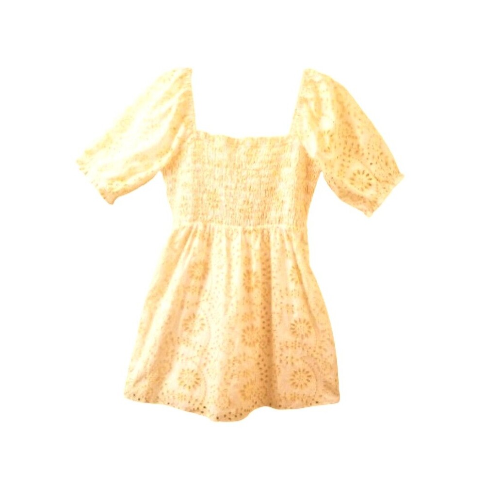 Anthro GREYLIN Yellow Ivory Orange Dress Sz Large Embroidered Eyelet Smocked